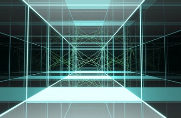 Square room With a mirrored wall around With lights and lasers Reflection around the room In the perspective view. 3D render, 3D rendering