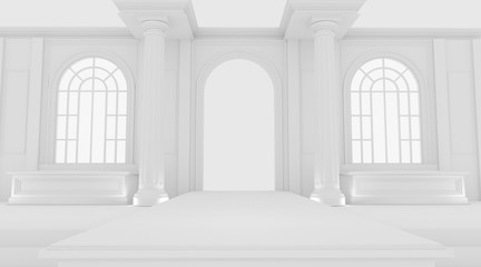 Stage design style Roman have two windows, floor raised floor 3 levels and two roman pillars. 3D model is white. 3D render, 3D rendering