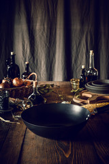 still life with food on a rustic wooden table