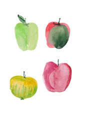 four watercolor apples, green, pink, yellow. can be used for postcards, booklets, menus, web. Printing on fabric, t-shirts, hoodies.