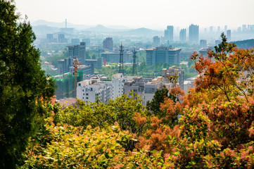 city view of Jinan from Mount Langmao. Jinan is surrounded by mountains. 