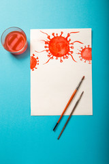 Watercolor drawing with the text coronavirus, model of the virus. The pandemic alert