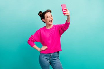 Portrait of her she nice attractive lovely cheerful cheery wavy-haired girl taking making selfie...