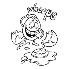 Egg laughs in an accident, the other egg broke and spilled out of the shell, text whoops, black and white cartoon joke