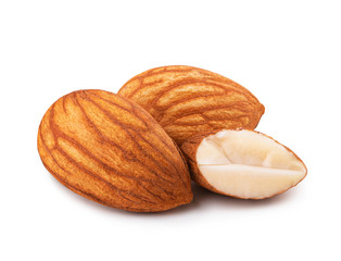 Closeup of almonds, isolated on white background