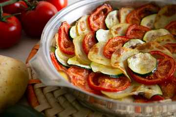 Baked potatoes with zucchini and tomatoes