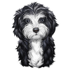Cavoodle or crossbreed dog, offspring of Poodle and Cavalier King Charles Spaniel. Red Toy Cavoodle Puppy hand drawn portrait. Cavapoo digital art illustration cute canine animal of black and white