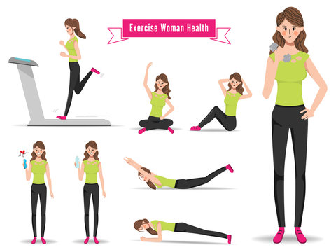 Animation Woman character in workout exercise pose. Health care people in fitness activity.