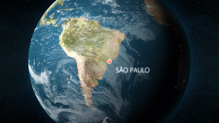3D illustration depicting the location of Sao Paulo, Brazil, on a globe seen from space.