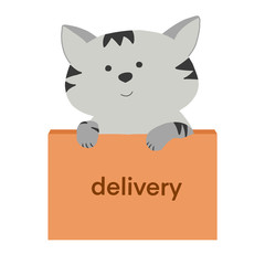 Grey cute Cat sitting in box with delivery sign. Cartoon style. Vector isolated. 