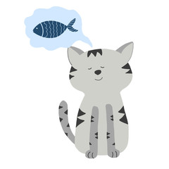 Grey fat cat dreaming about fish. Cartoon style. Vector isolated on white background. Good for print, poster,  cards, t-shirts, baby things