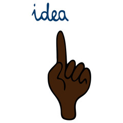 Idea. The hand of an African-American man. Index finger up. Vector illustration. Isolated background. Cartoon style. An idea came up. Lettering. Business concept. Gesturing with the index finger. 