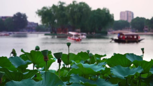 raditional Chinese Boats in the popular famous Qianhai lake in Beijing, a popular destination for families and tourists