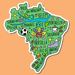 Colour Sticker of Blazil. hand drawn doodle Brazil, Brasilia map.