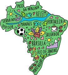 Obraz premium Colored hand drawn doodle Brazil, Brasilia map. brazilian city names lettering and cartoon landmarks, tourist attractions cliparts.