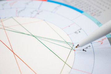 The workplace of a modern astrologer. Accessories of an astrologer. Printouts of computer...