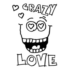 Emoticon big smile with hearts in eyes and around, valentine's day motif, crazy love, black and white cartoon joke