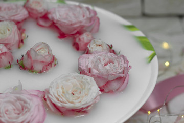 Pink roses in a dish with milk on a light background