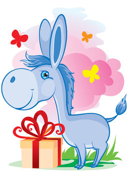 blue donkey stands next to a box with a gift flying butterflies around, vector illustration,