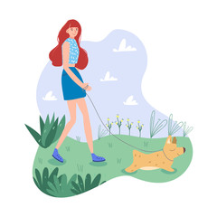 Reddish girl in blue clothes walks outside with her sweet dog. Light and gentle color gamma. Completed flat vector illustration.
