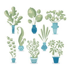 Set of 8 different house plants in pots. Old fashioned colors in flat modern style. Handmade drawings isolated on white background. Vector Illustration.