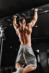 Fototapeta na wymiar Bodybuilder does pull-ups. Muscular man in the gym. Preparation for competitions, functional training. The athlete is gaining his form.