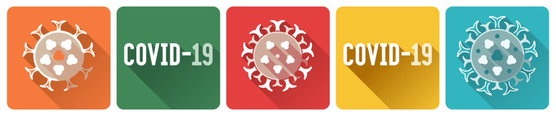 COVID-19 Coronavirus infection set of flat square icons with long shadows. Design elements with stylized virus vector illustrations.