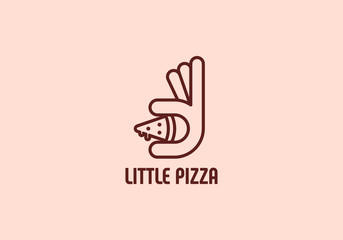 Small pizza logo. Hand with a little pizza. Logotype for pizza restaurant or cafe.