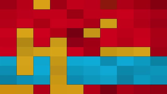 Red , yellow and blue mosaic animated pixelated gradient background in motion, Pixelated Digital Screen with a Random Changing Pattern Backdrop. 4K High Definition Video.