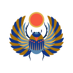 Egyptian Scarab Beetle Holding Sun Illustration in Flat