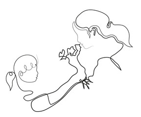 One continuous line drawing of young girl giving flower to mother.
Cute and well-mannered young girl and family concept.

