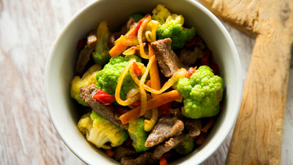Beef with vegetables in a blue dish