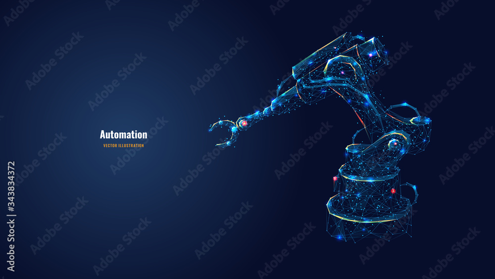 Poster Robotic arm in dark blue background. Automation concept. Polygonal wireframe with lines and dots. Abstract digital vector illustration.