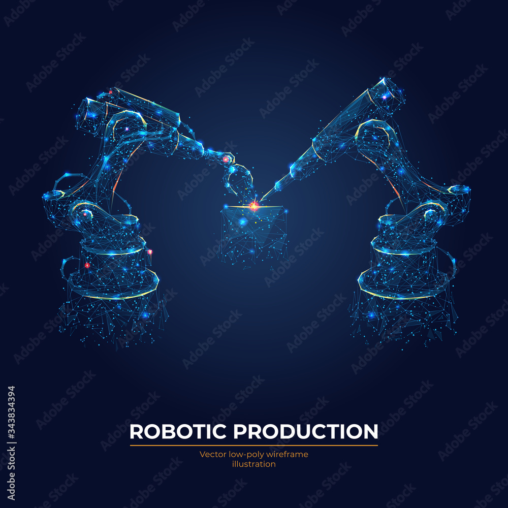 Aufkleber Robotic arm and robotic machine tool for smart technology manufacturing process in dark blue background. Abstract vector illustration. Industrial technology concept. Low poly wireframe.