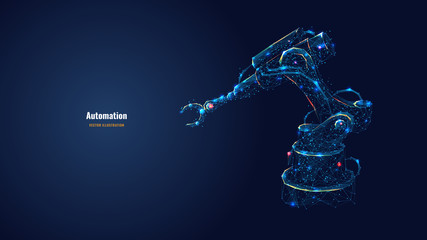 Robotic arm in dark blue background. Automation concept. Polygonal wireframe with lines and dots. Abstract digital vector illustration. - obrazy, fototapety, plakaty