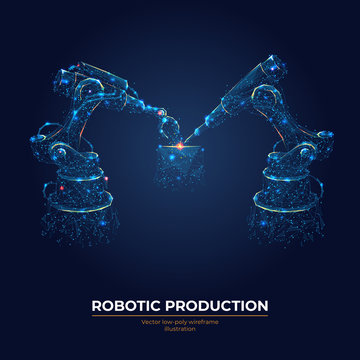 Robotic arm and robotic machine tool for smart technology manufacturing process in dark blue background. Abstract vector illustration. Industrial technology concept. Low poly wireframe.