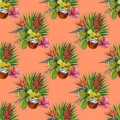 Watercolor seamless floral pattern with fruts hand drawing decorative background. Hand drawn watercolor illustration. Print for textile, cloth, wallpaper, scrapbooking