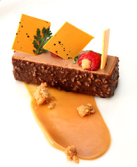 Piece of cake with chocolate white chocolate chips and stuffed rasberry