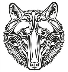 Black and white stylized image of a muzzle of a wolf for tattoo and other.