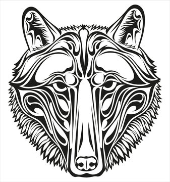 Black and white stylized image of a muzzle of a wolf for tattoo and other.