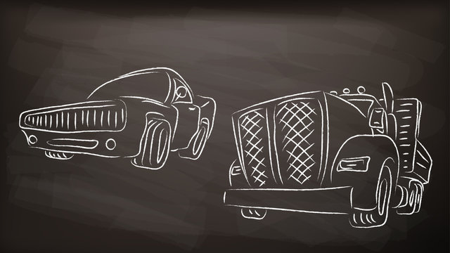 white cars scetch on blackboard