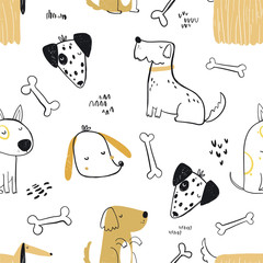 Vector hand-drawn vector seamless seamless repeating childish simple pattern with cute doggies, bones in the Scandinavian style on a white background. Baby pattern with dogs. Dogs print.
