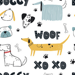 Vector hand-drawn vector seamless seamless repeating childish simple pattern with cute doggies, bones in the Scandinavian style on a white background. Baby pattern with dogs. Dogs print. 