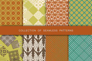 Fabric print set. 8 Seamless patterns.