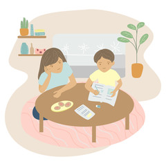 flat art design int theme of family, motherhood,children,home learning, knowledge. Mother is helping son do homework at home