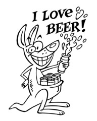 Kangaroo with a pocket full of beer, holding an open can of beer, I love beer text, black and white cartoon joke
