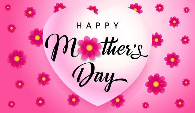 Happy Mothers Day calligraphy banner, beautiful typography on pink flowers background. Vector heart on chamomile blossom decoration for Mother's day special offer poster. Best Mom ever greeting card