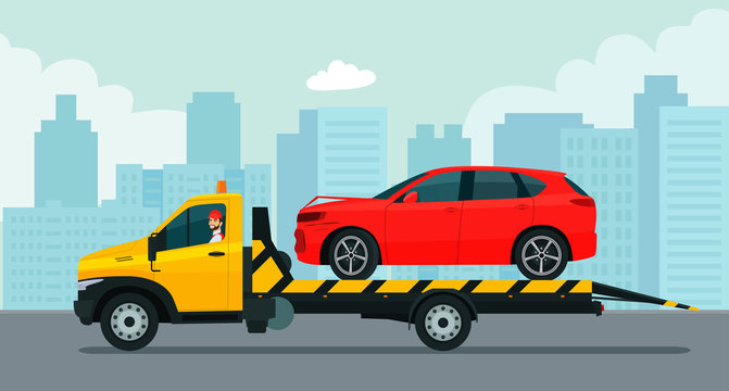 A tow truck with a driver transports a broken SUV car against the backdrop of the cityscape. Vector flat style illustration.