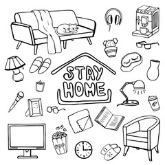 Stay at home. Doodle set of home decor elements. Vector image on the theme of stay home