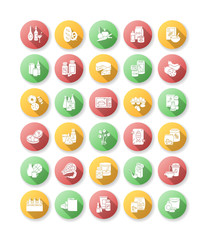 Groceries category flat design long shadow glyph icons set